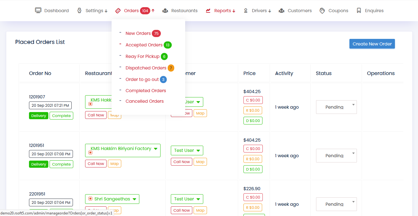 food delivery admin panel demo